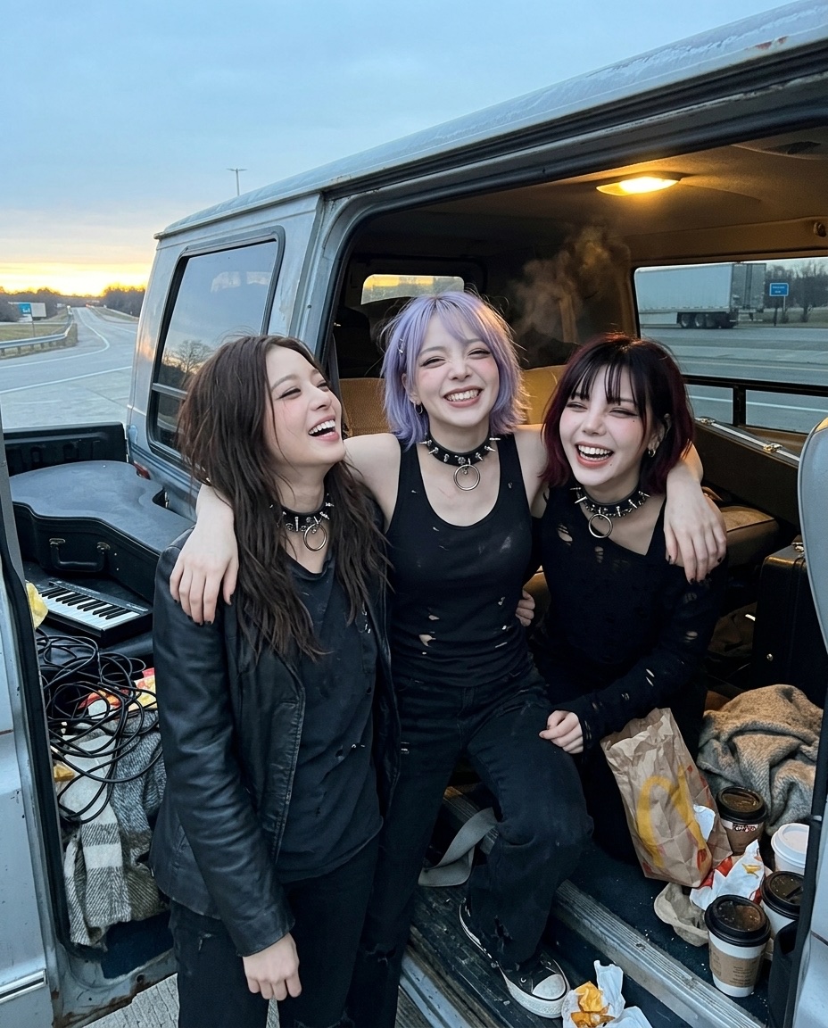 Jia, Vivy and Rei laughing in the open door of a van at sunset